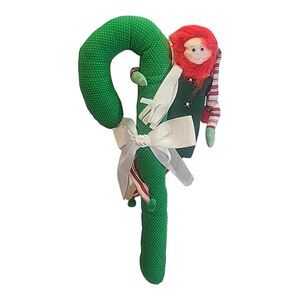 Vintage Kitsch Handmade Plush Christmas‎ Wall Decor Candy Cane Elf Red Hair 16"